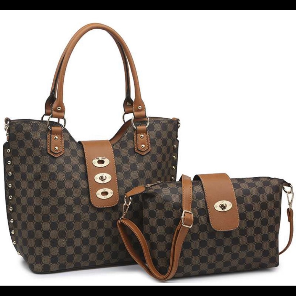 Checker Twist Tote Bag Brown TOTE ONLY
